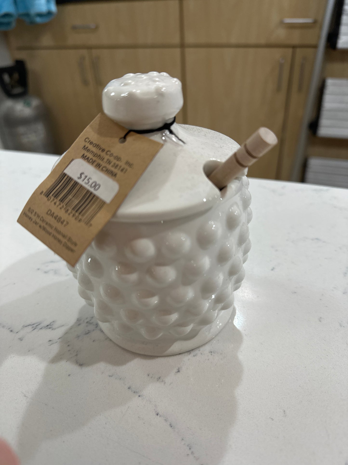 WHITE CERAMIC HOBNAIL HONEY POT