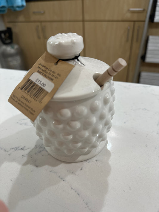 WHITE CERAMIC HOBNAIL HONEY POT