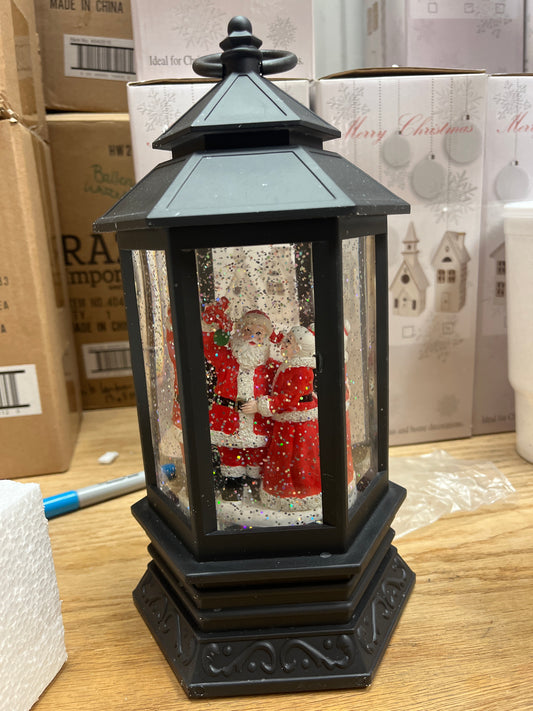 SANTA & MRS CLAUS BLACK GLITTER LANTERN