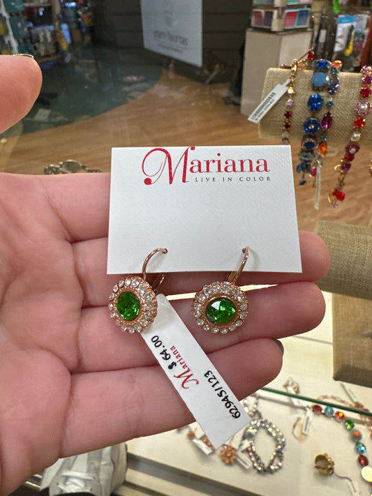 MARIANA RG EARRINGS - W/GREEN CRYSTAL & SLVR CRYSTAL OUTLINE