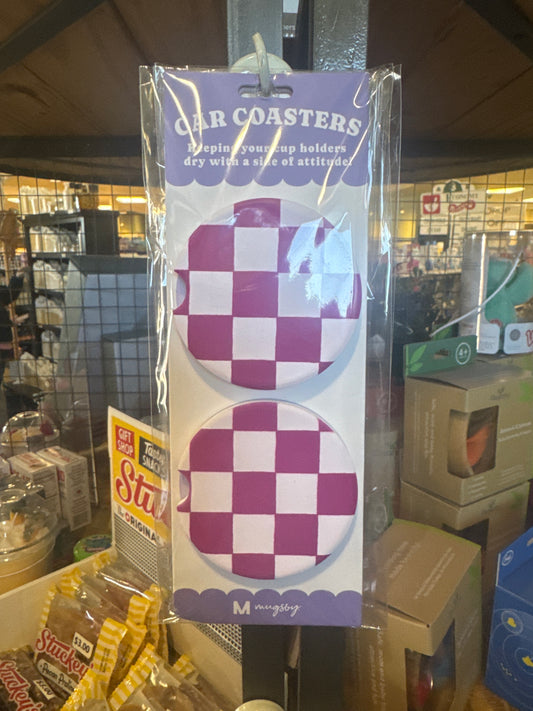 CAR COASTERS - 2PC - CHECKERED PINK