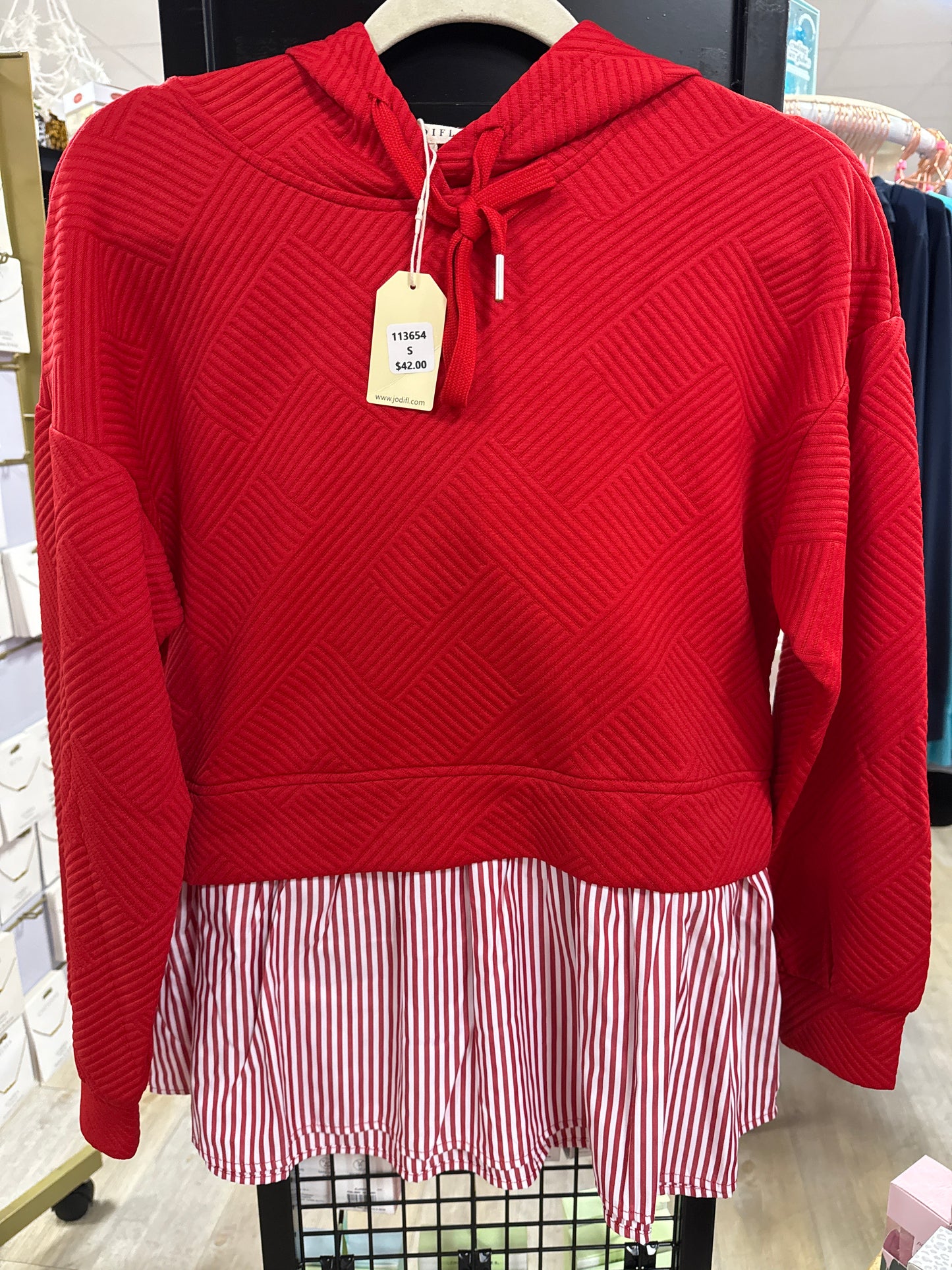 RED TEXTURED HOODIE W/PINSTRIPE BOTTOM