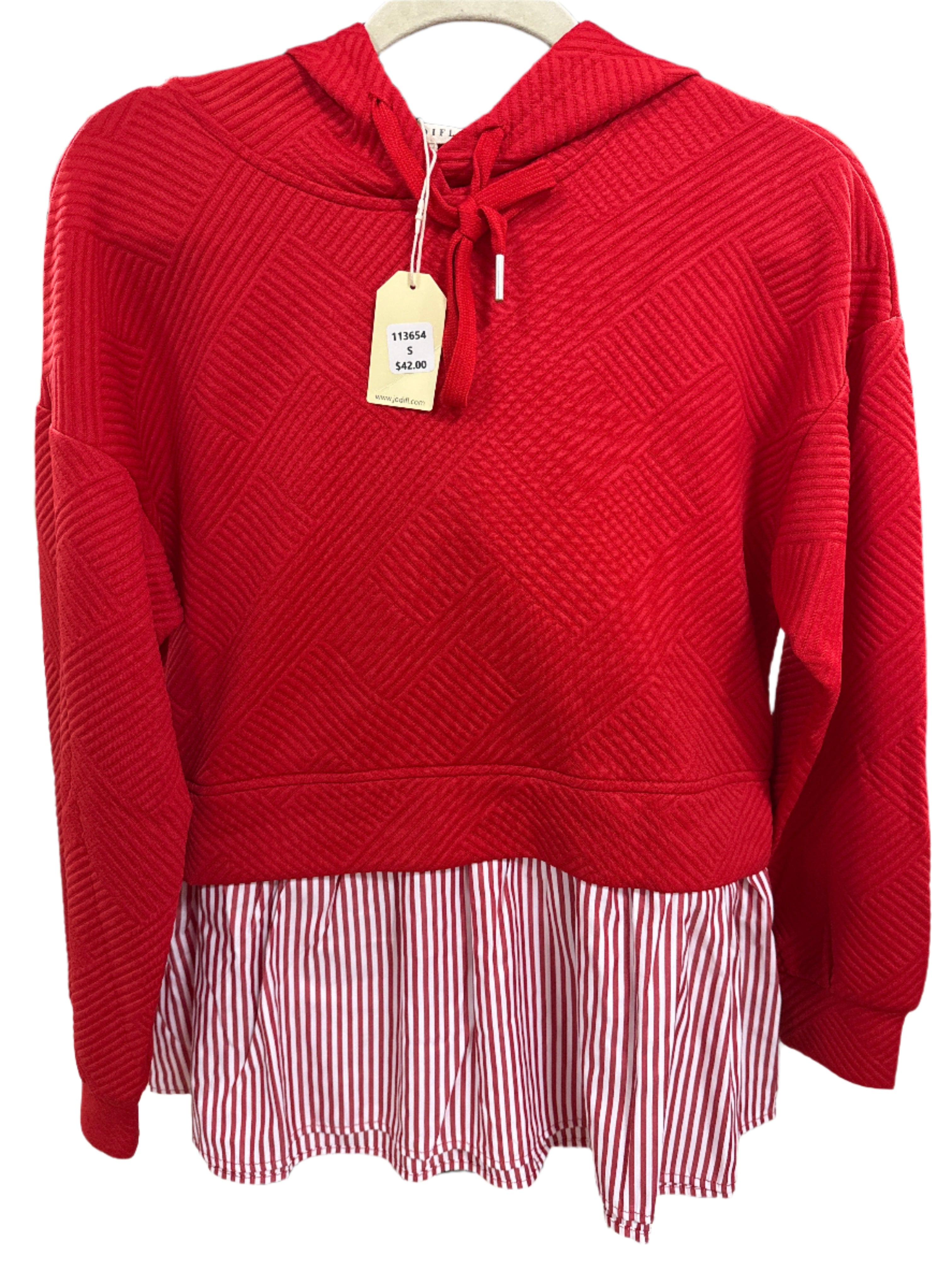RED TEXTURED HOODIE W/PINSTRIPE BOTTOM