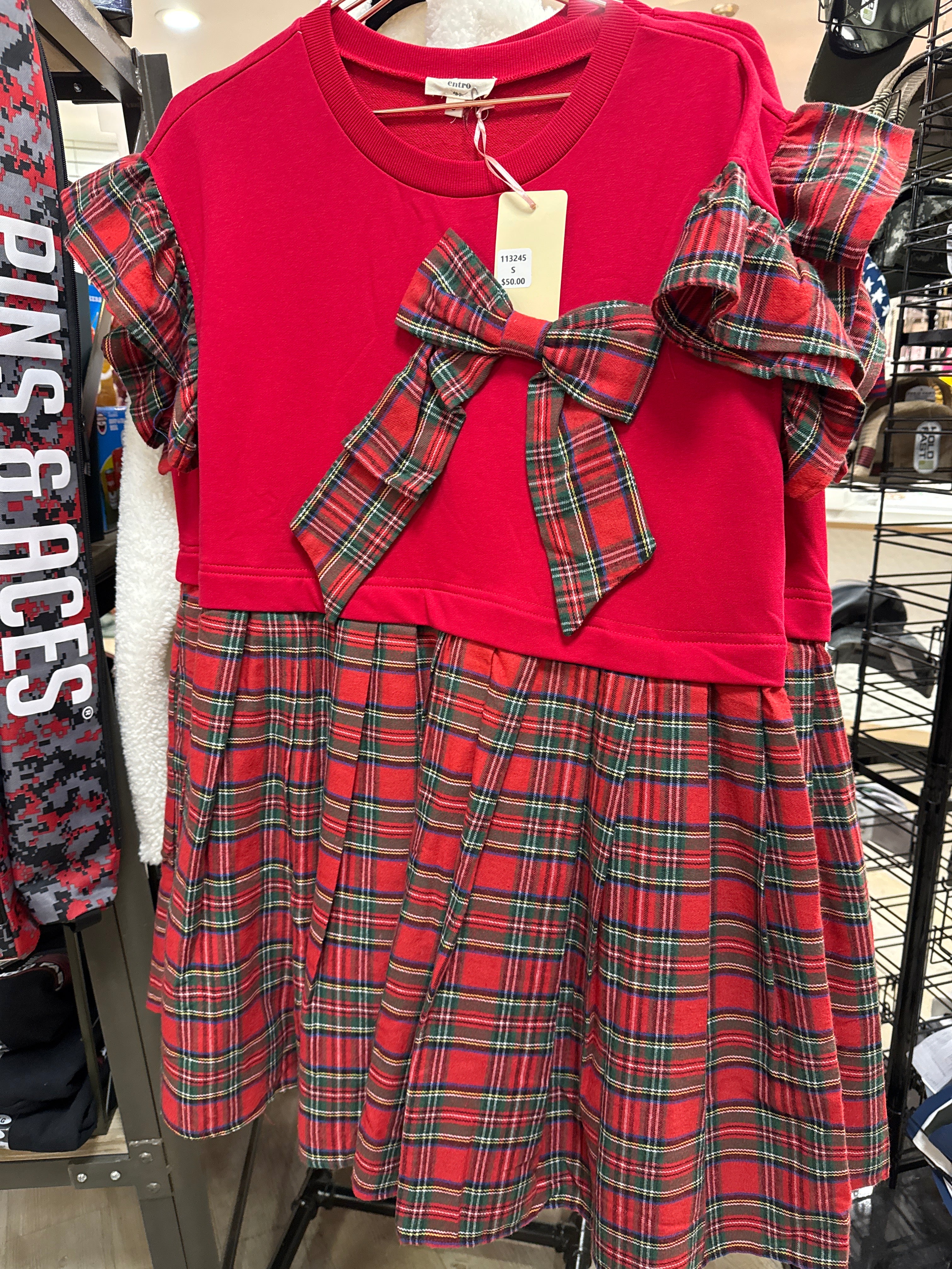 RED TOP/PLAID SKIRT W. PLAID BOW DRESS