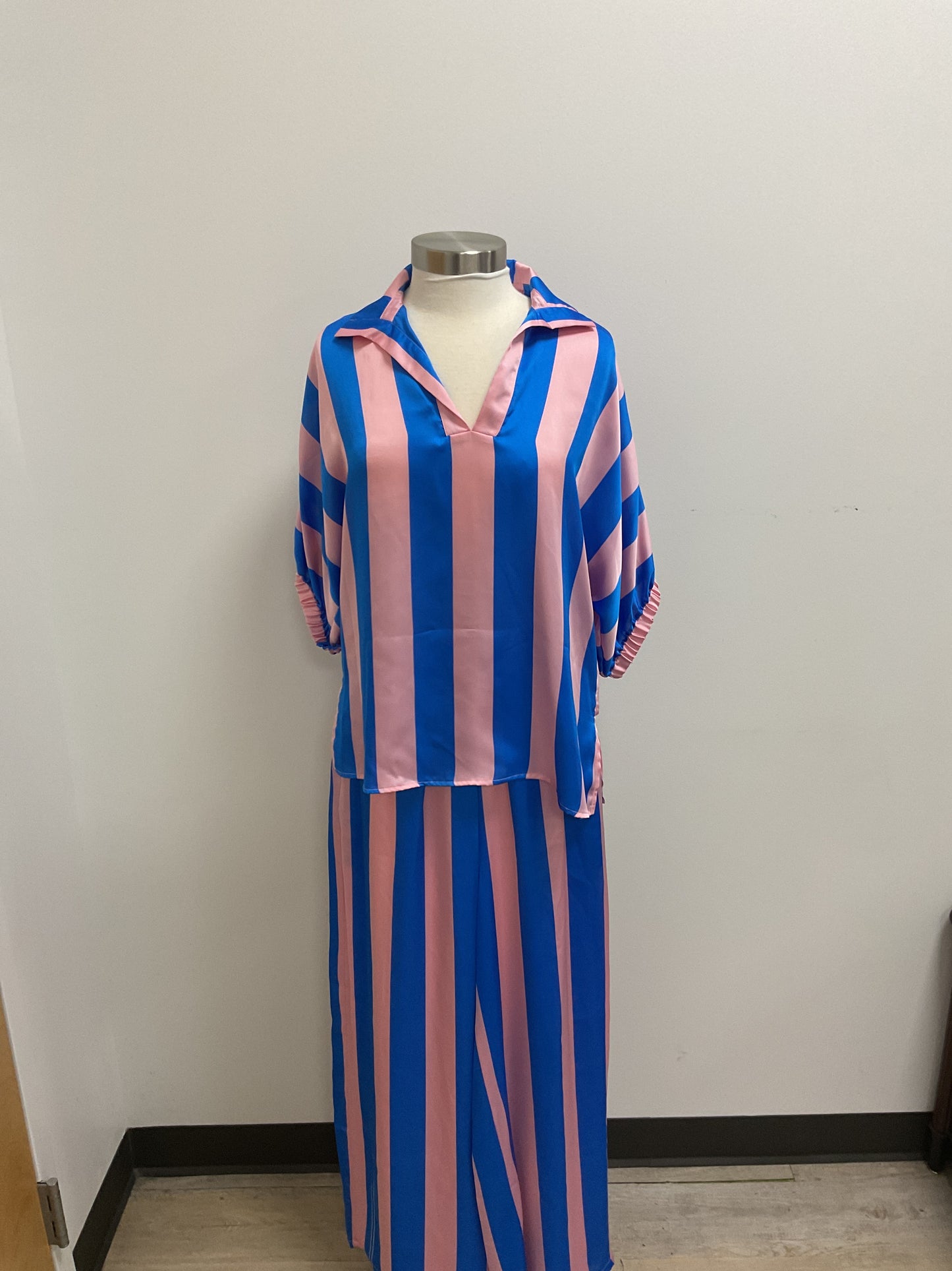 PINK & BLUE STRIPED COLLARED BLOUSE AND PANTS 2 PC. SET