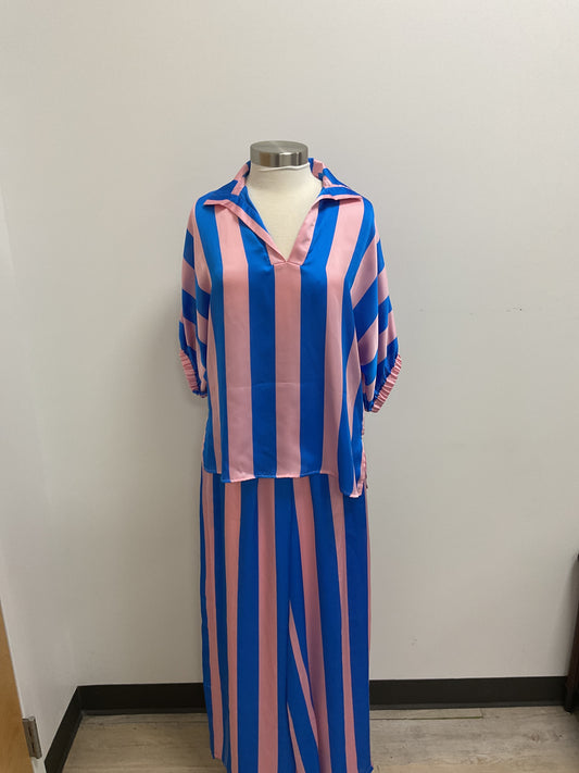 PINK & BLUE STRIPED COLLARED BLOUSE AND PANTS 2 PC. SET