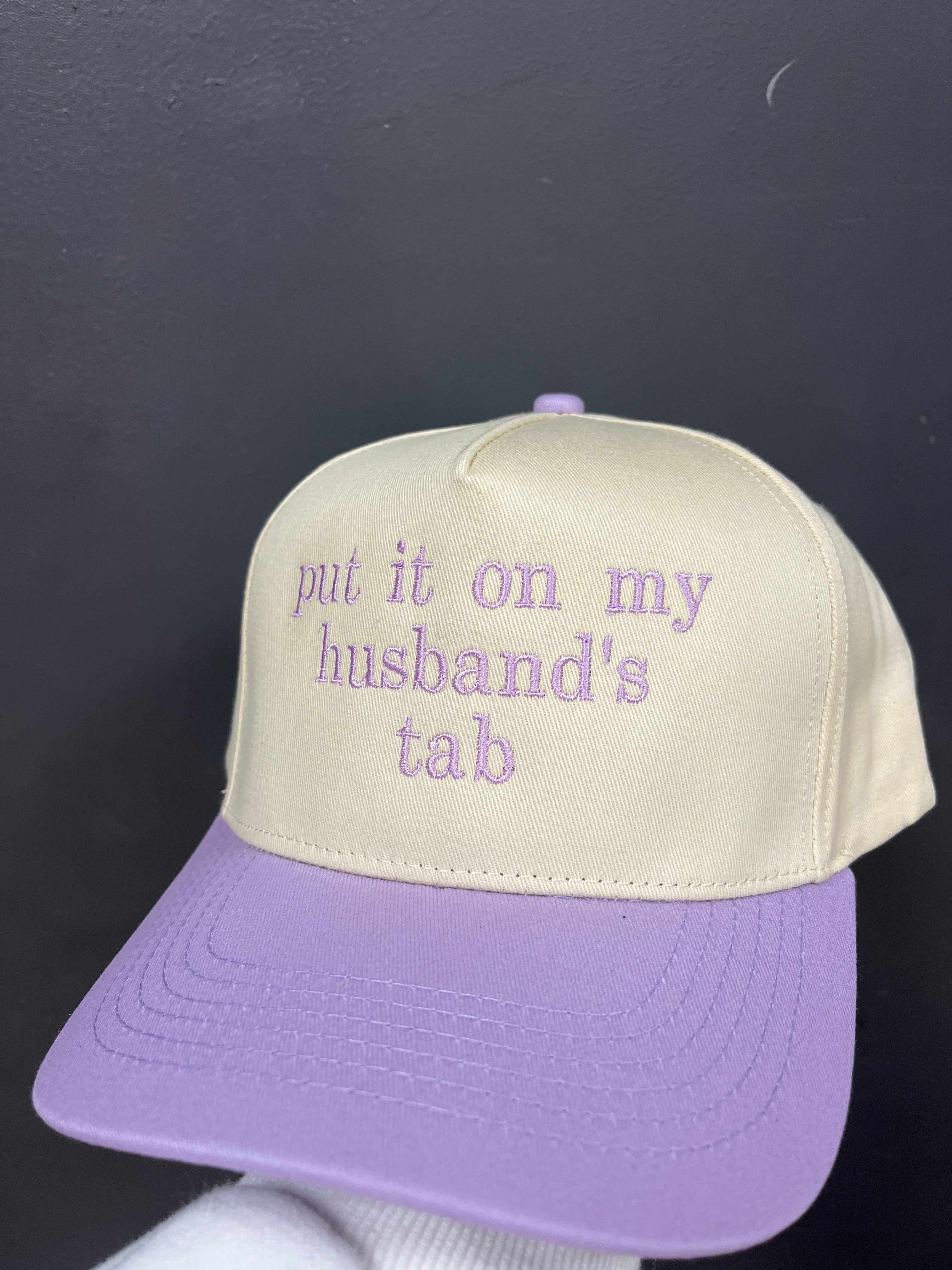 IVORY/LAVENDER "PUT IT ON MY HUSBAND'S TAB" HAT