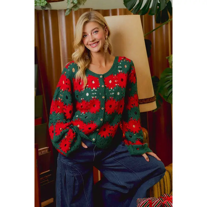 CHRISTMAS POINSETTIA CROCHET HOLIDAY CARDIGAN SWEATER