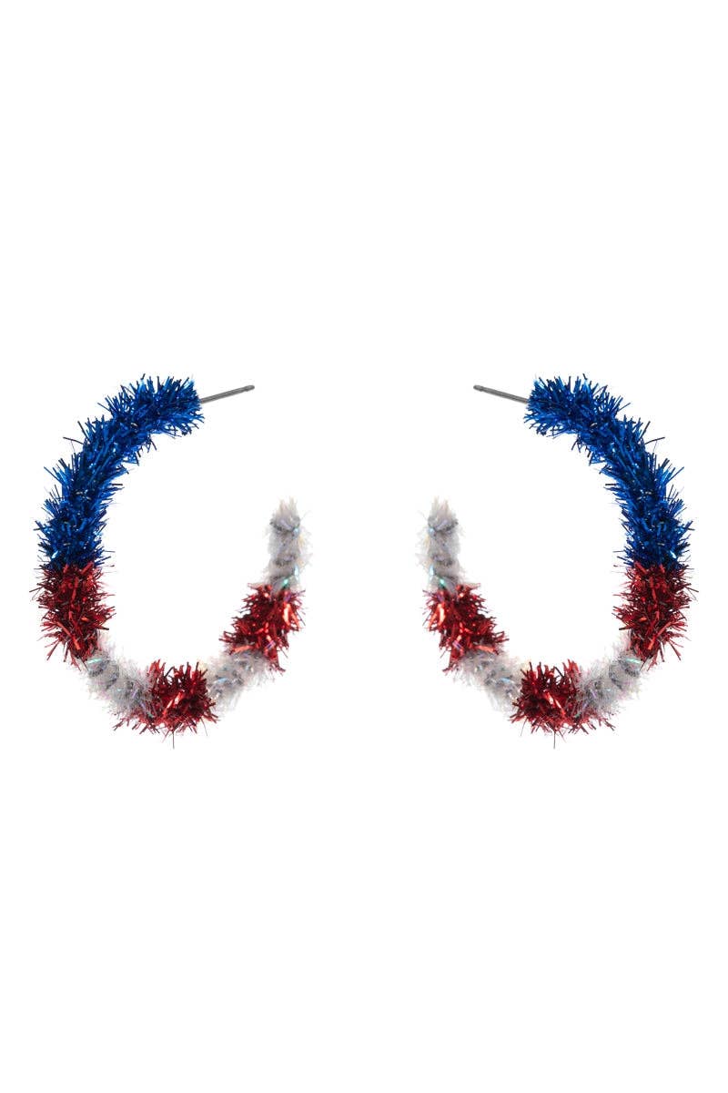 Metalic Thread American Flag Post Pin Hoop Earrings