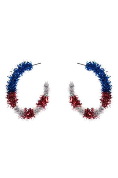 Metalic Thread American Flag Post Pin Hoop Earrings