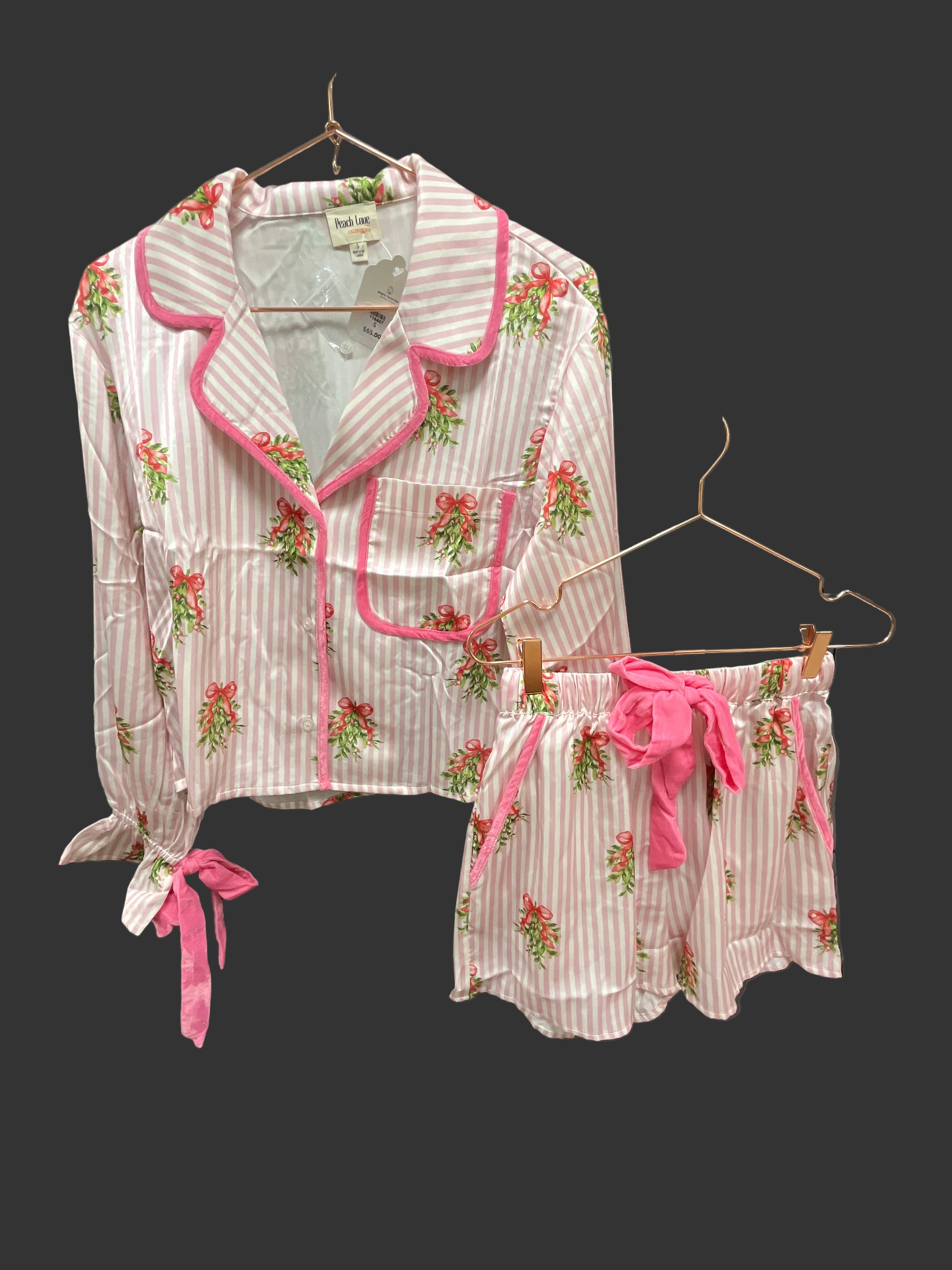 PINK STRIPE CHRISTMAS PRINTED SATIN W/VELVET TIE 2PC PAJAMAS