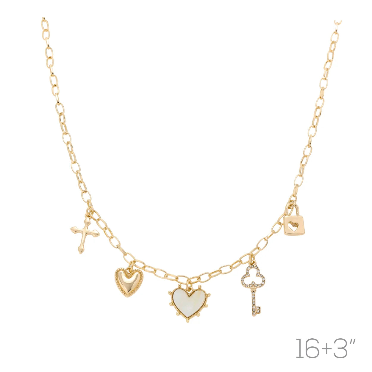 Gold Heart Key Lock Charm 16"-18" Necklace