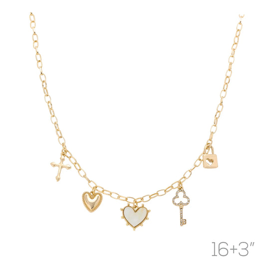 Gold Heart Key Lock Charm 16"-18" Necklace