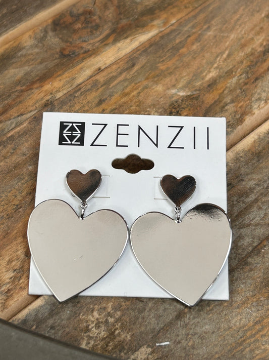 FLAT METAL DOUBLE HEART DROP EARRINGS - SILVER