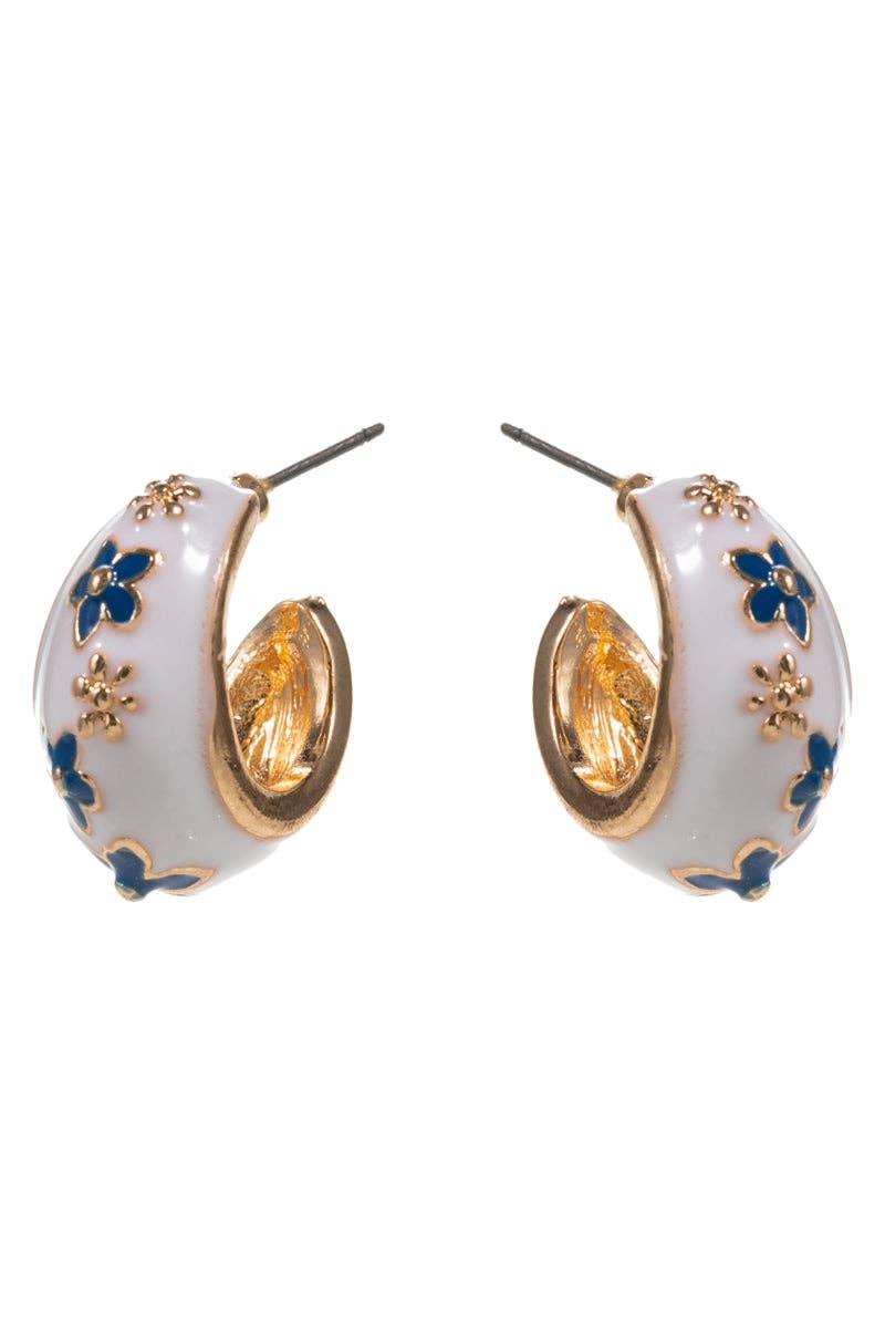Round Enamel Hoop W Flower Pattern Hoop Earrings