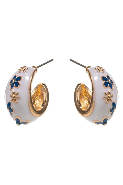 Round Enamel Hoop W Flower Pattern Hoop Earrings