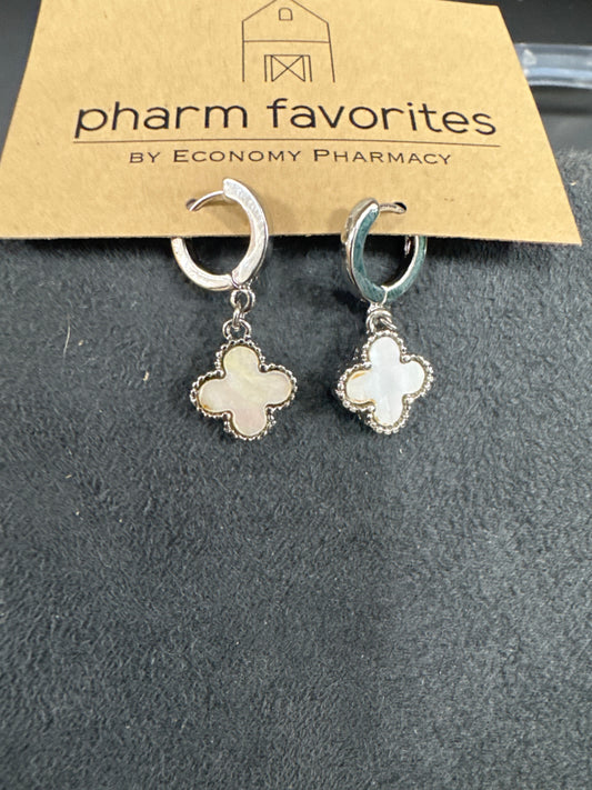 SILVER HOOP & IVORY CLOVER CHARM EARRINGS