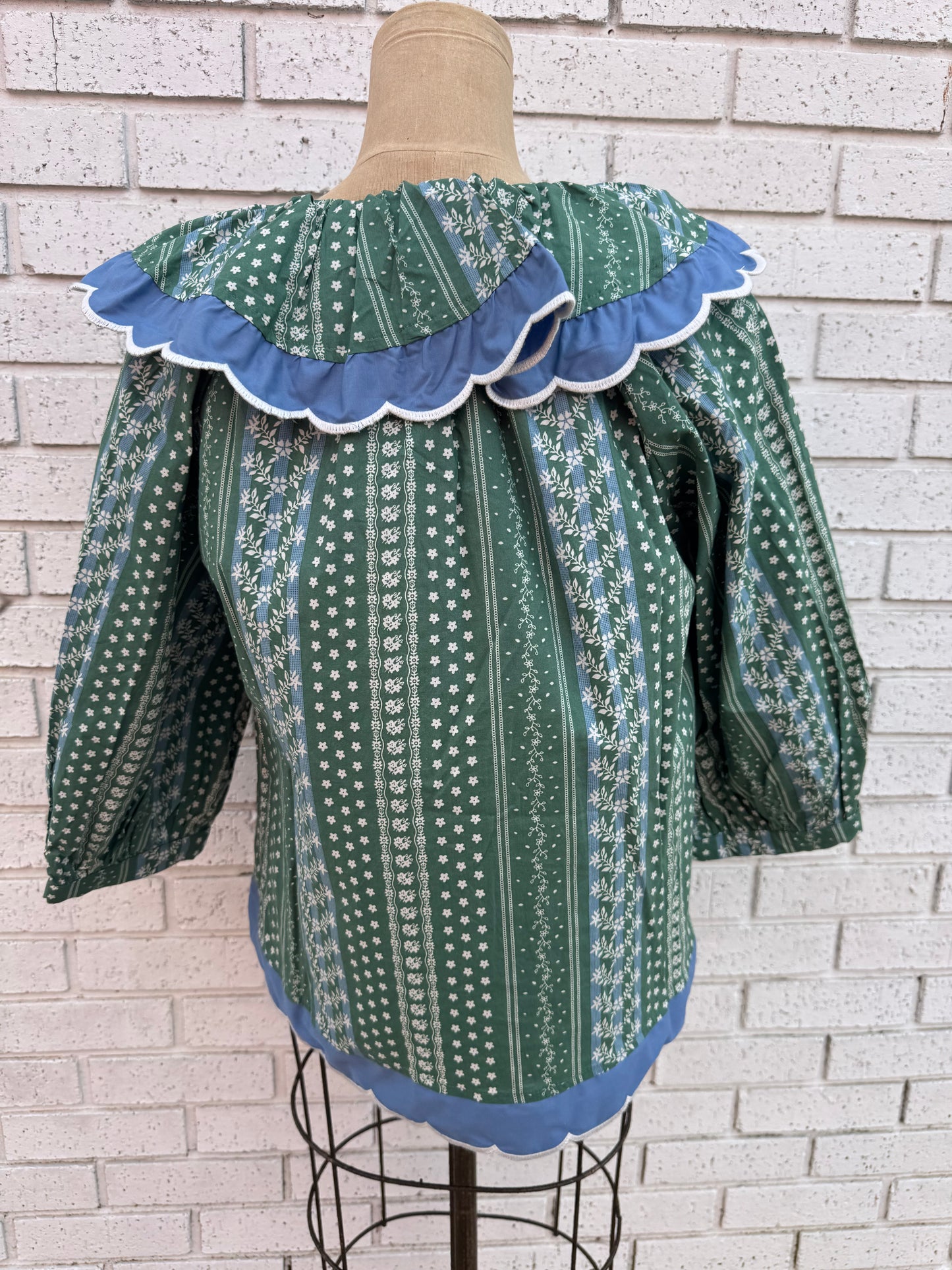 Green and Blue Floral Blouse with Peter Pan Collar