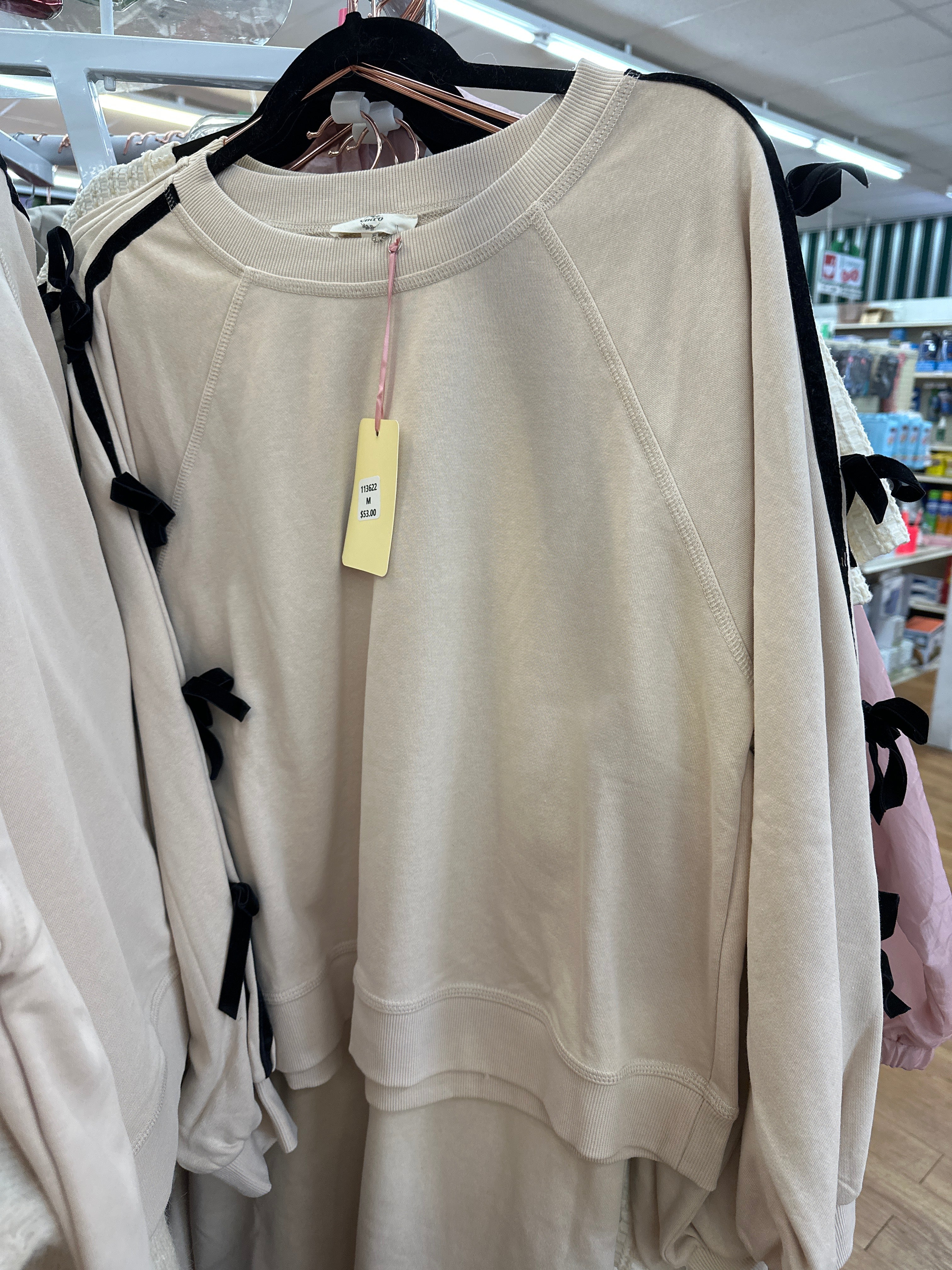 SAND SWEATSHIRT W/BLK VELVET RIBBON TRIM