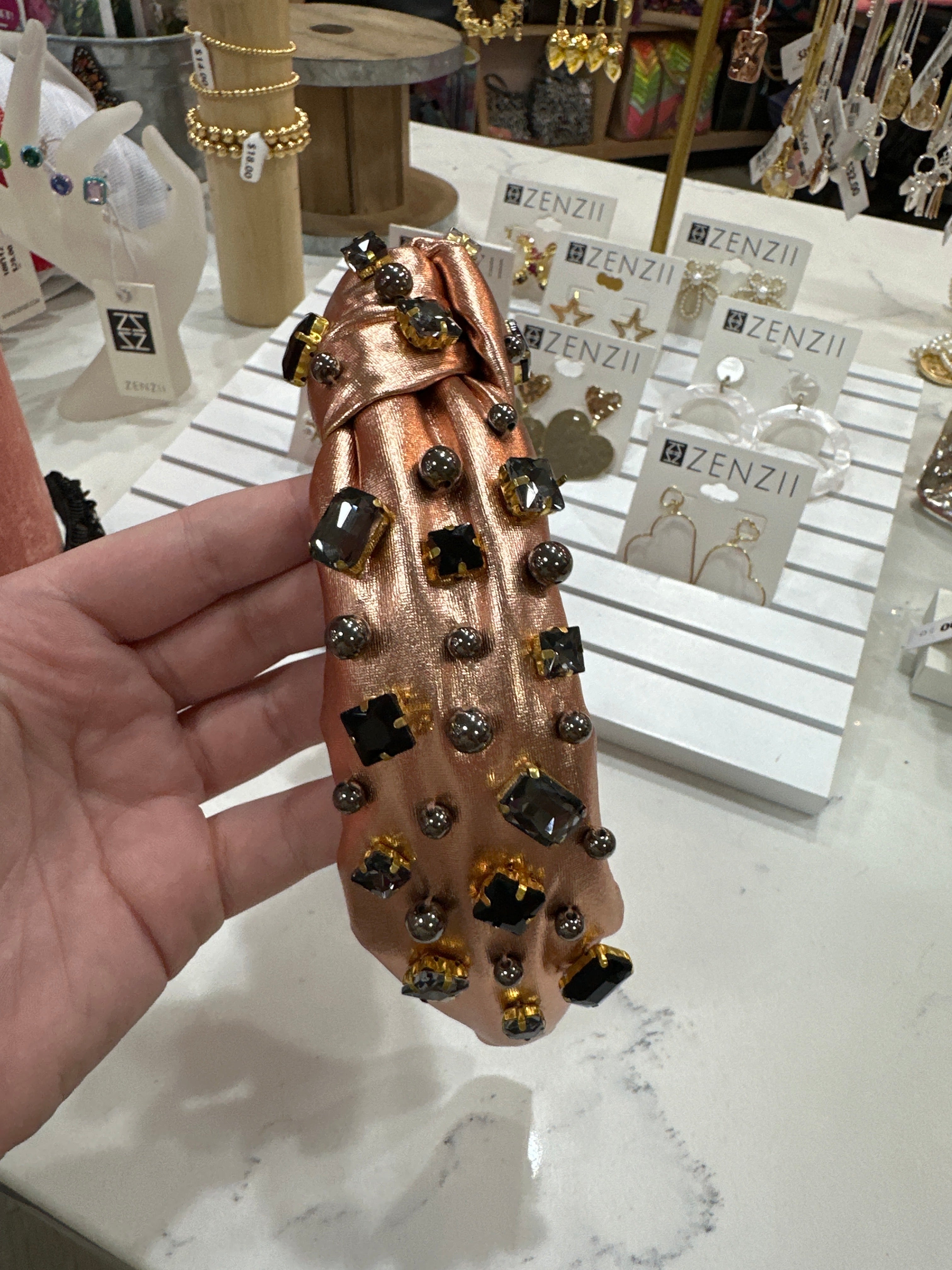 ROSE GLD METALLIC HEADBAND W/GUNMETAL CRSTL&PRL