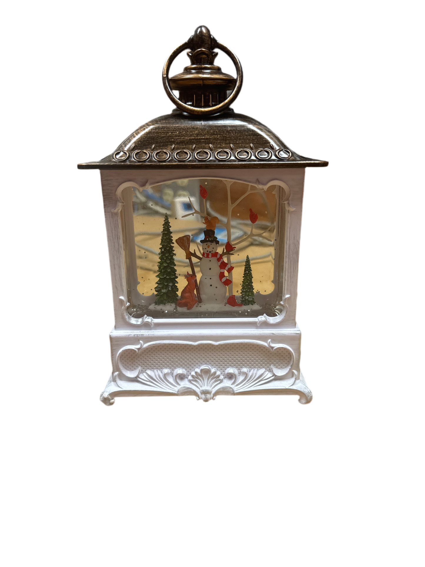 SNOWMAN & WHITE TREE W/ FOX - WHITE GLITTER LANTERN