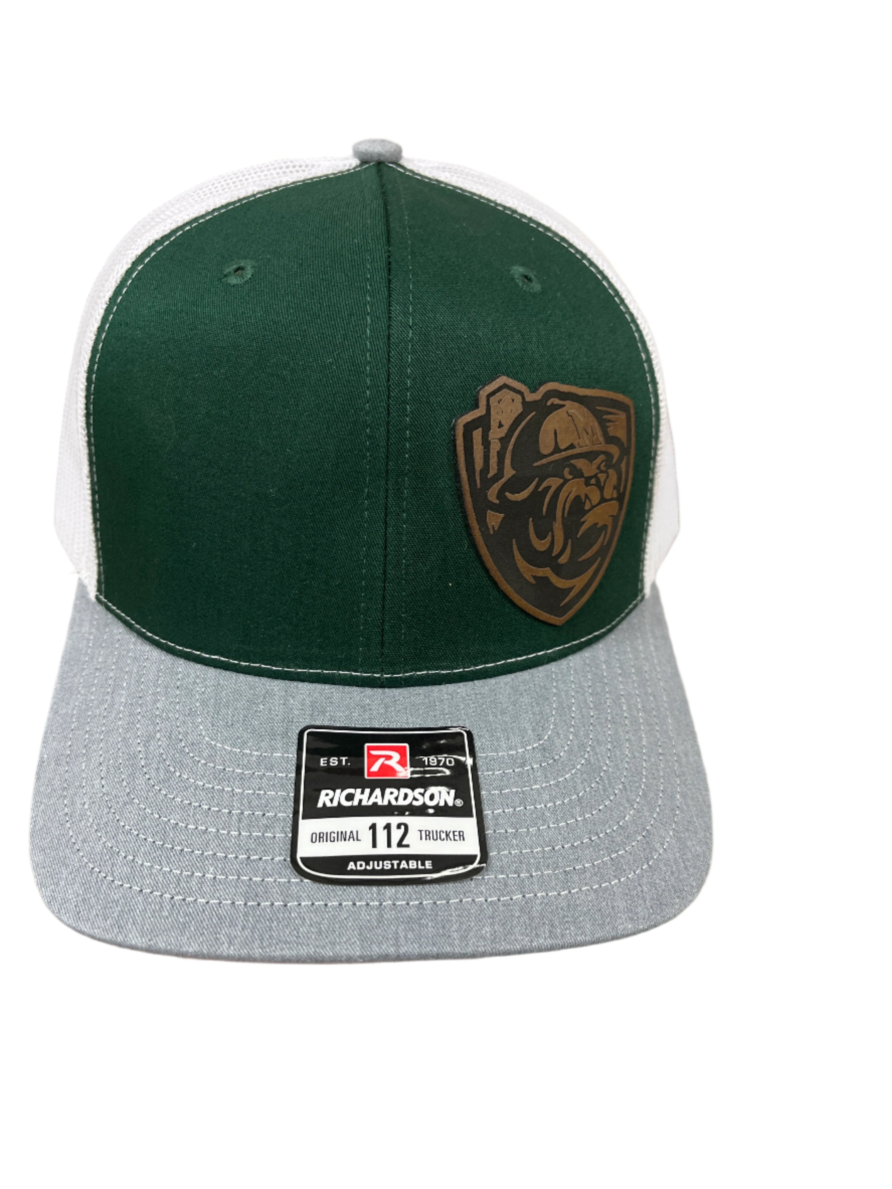 GREEN/WHITE/GREY HAT WITH OFF CENTER LEATHER ROUGHER PATCH