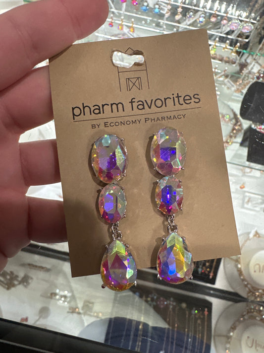 IRIDESCENT RHINESTONE 3 DROP EARRINGS