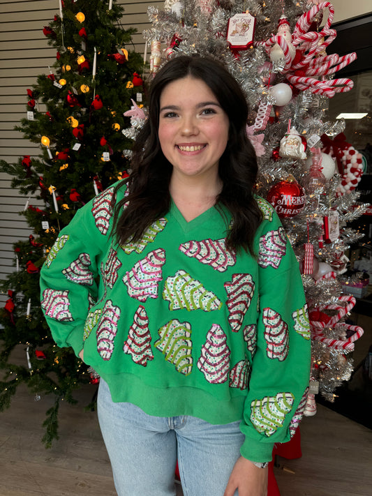 GREEN LITTLE DEBBIE TREES VNECK SWEATSHIRT