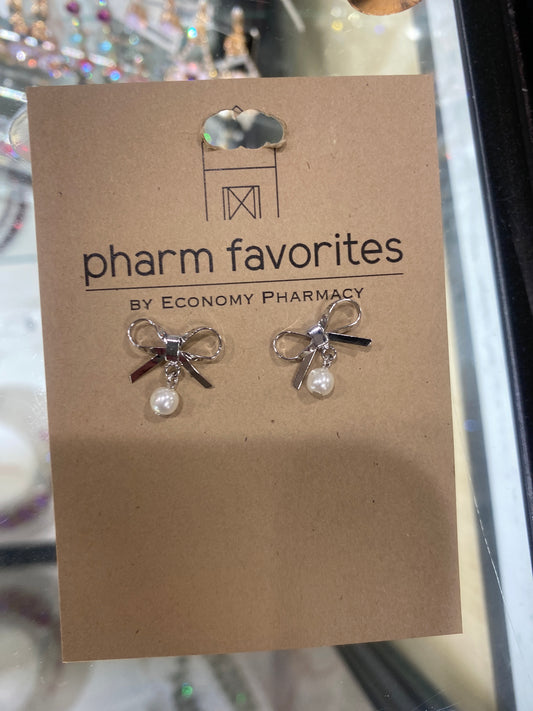 SILVER BOW EARRINGS W/PEARL DROP