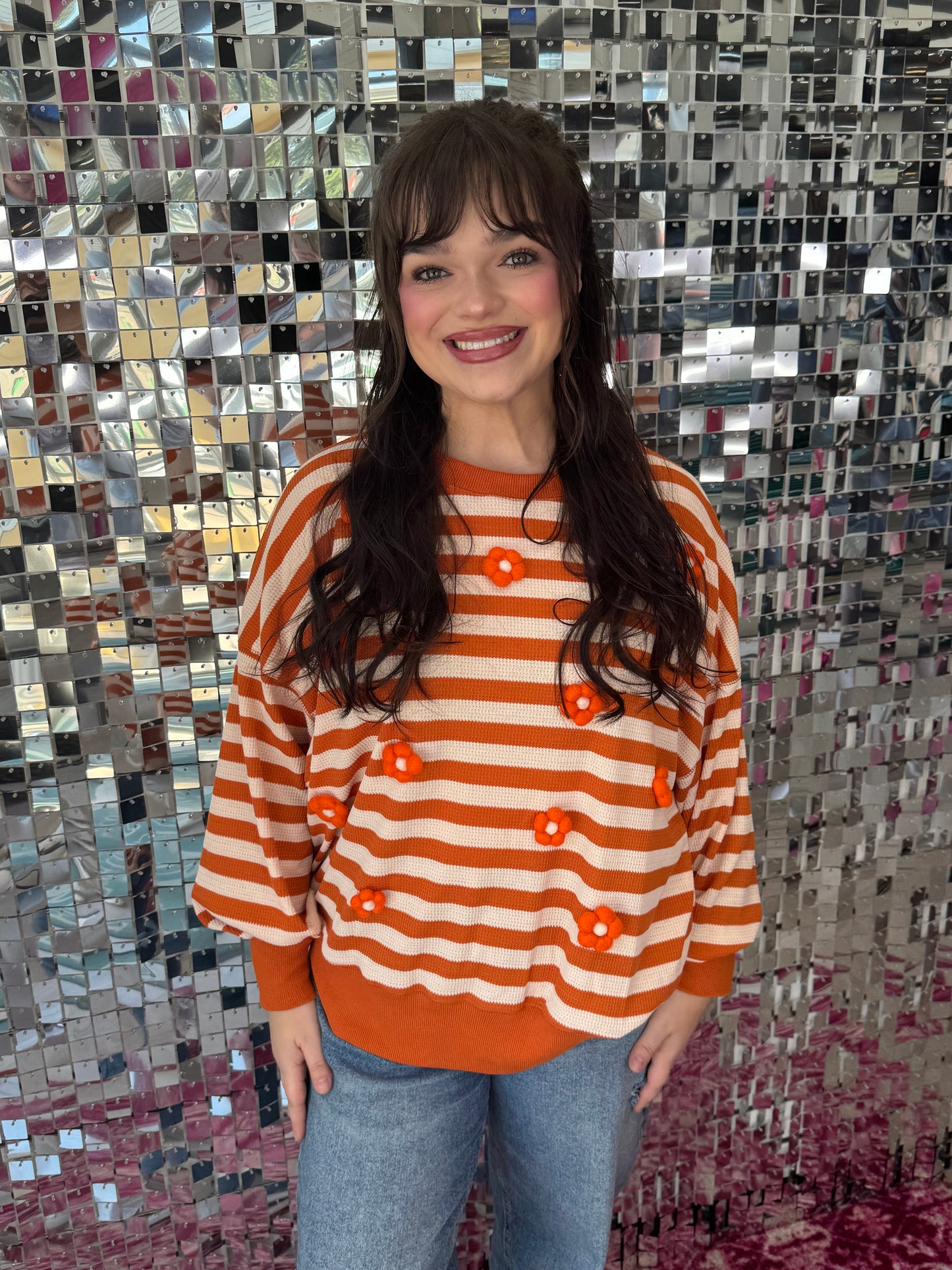 Orange and Ivory Striped Sweater with Orange Flower Embellishments