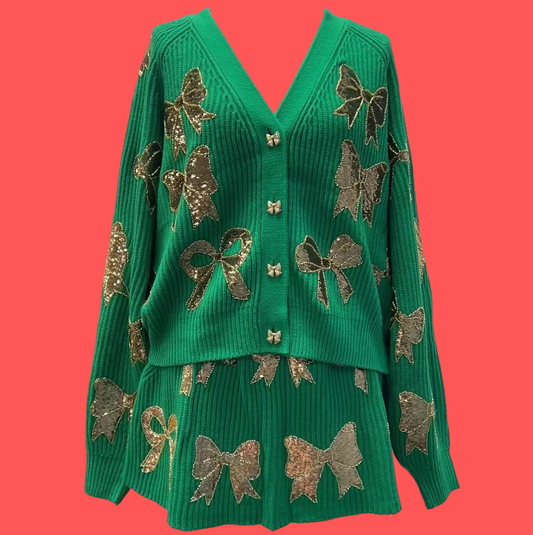 Queen of Sparkles Green & Gold Scattered Christmas Bow Cardigan & Skirt
