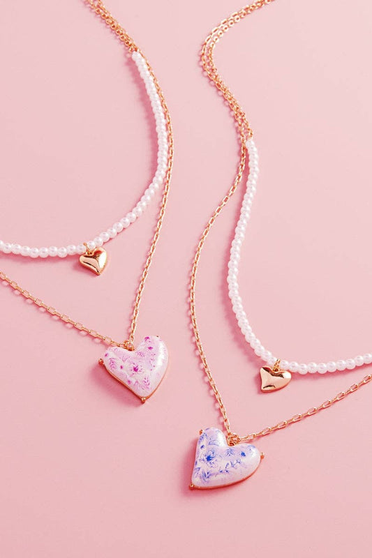 Heart Pearl W Flower 2 Layered Necklace