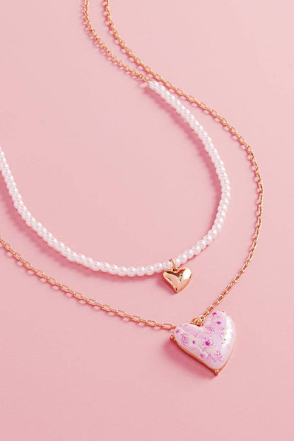 Heart Pearl W Flower 2 Layered Necklace