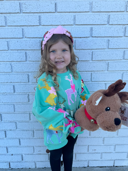 Youth Mint Green Sweatshirt with Velvet Reindeers & Bows