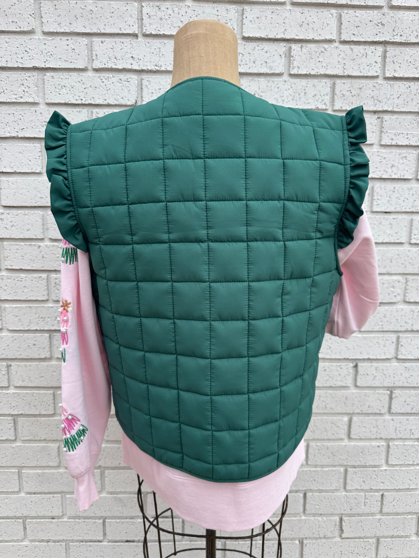 Forest Green Quilted Vest with Ruffles and Ties