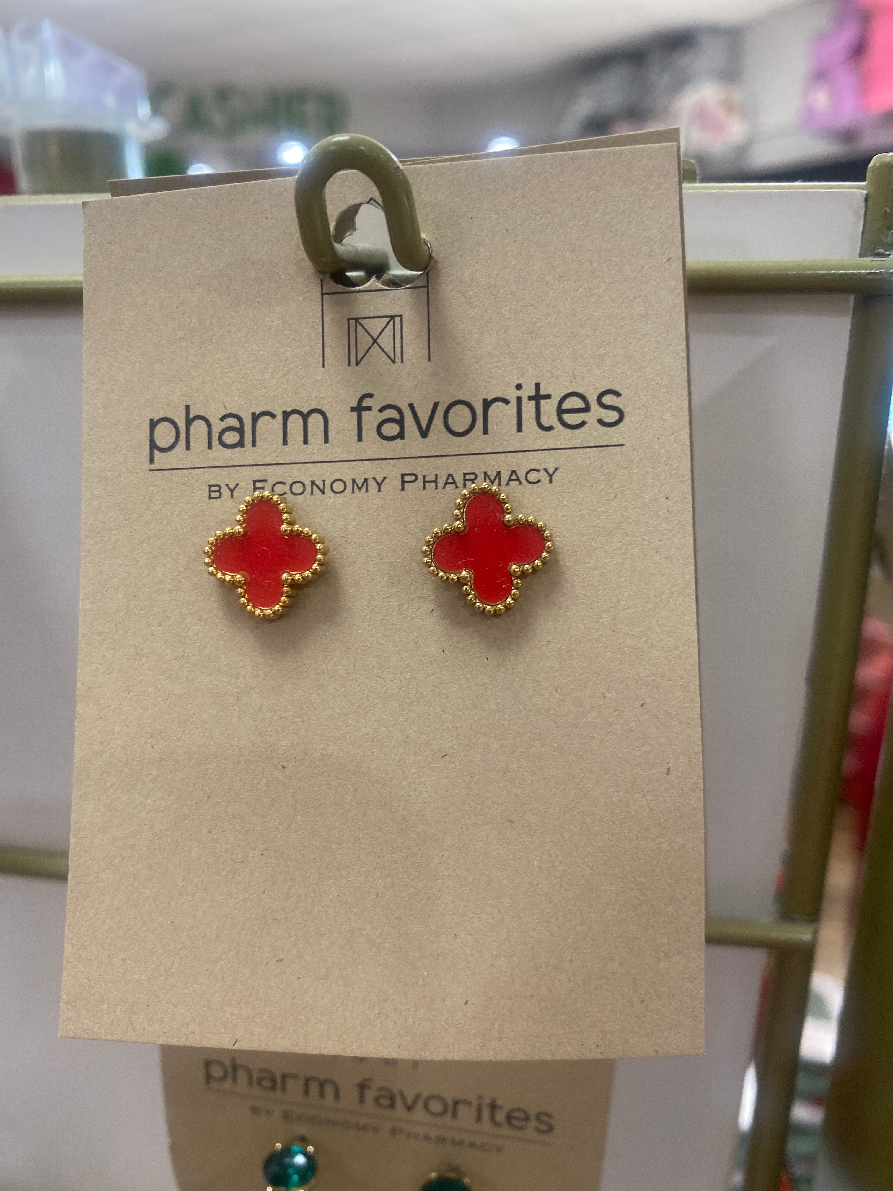 GOLD CLOVER POST EARRINGS - RED