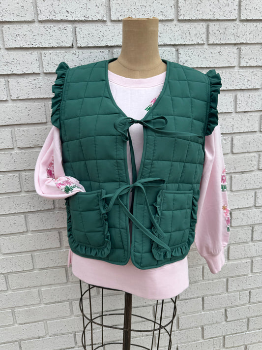 Forest Green Quilted Vest with Ruffles and Ties