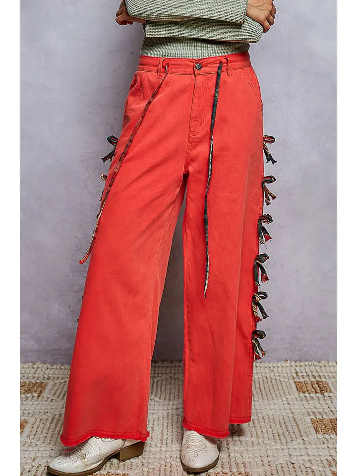CHRISTMAS INSPIRED SIDE TIE PLAID RIBBON WIDE LEG PANTS  - RED