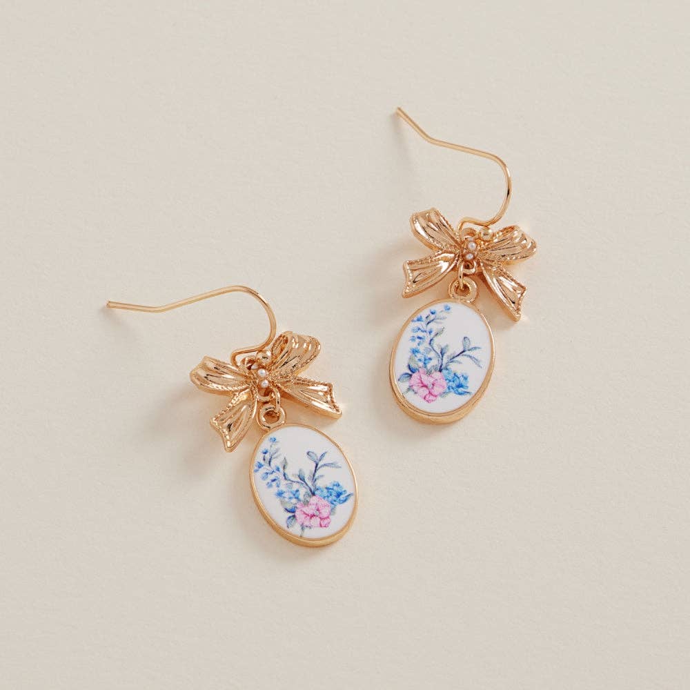 Oval Pattern Enamel Charm Metal Bow Hook Earrings