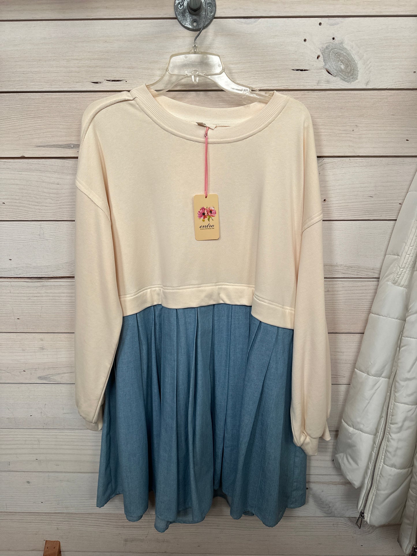 CREAM LONG SLV DRESS W/DENIM