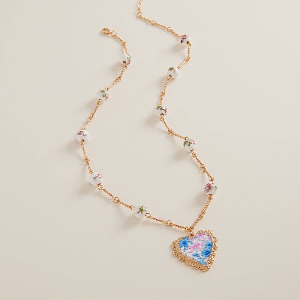 Heart Enamel Charm W Ceramic Beads Short Necklace