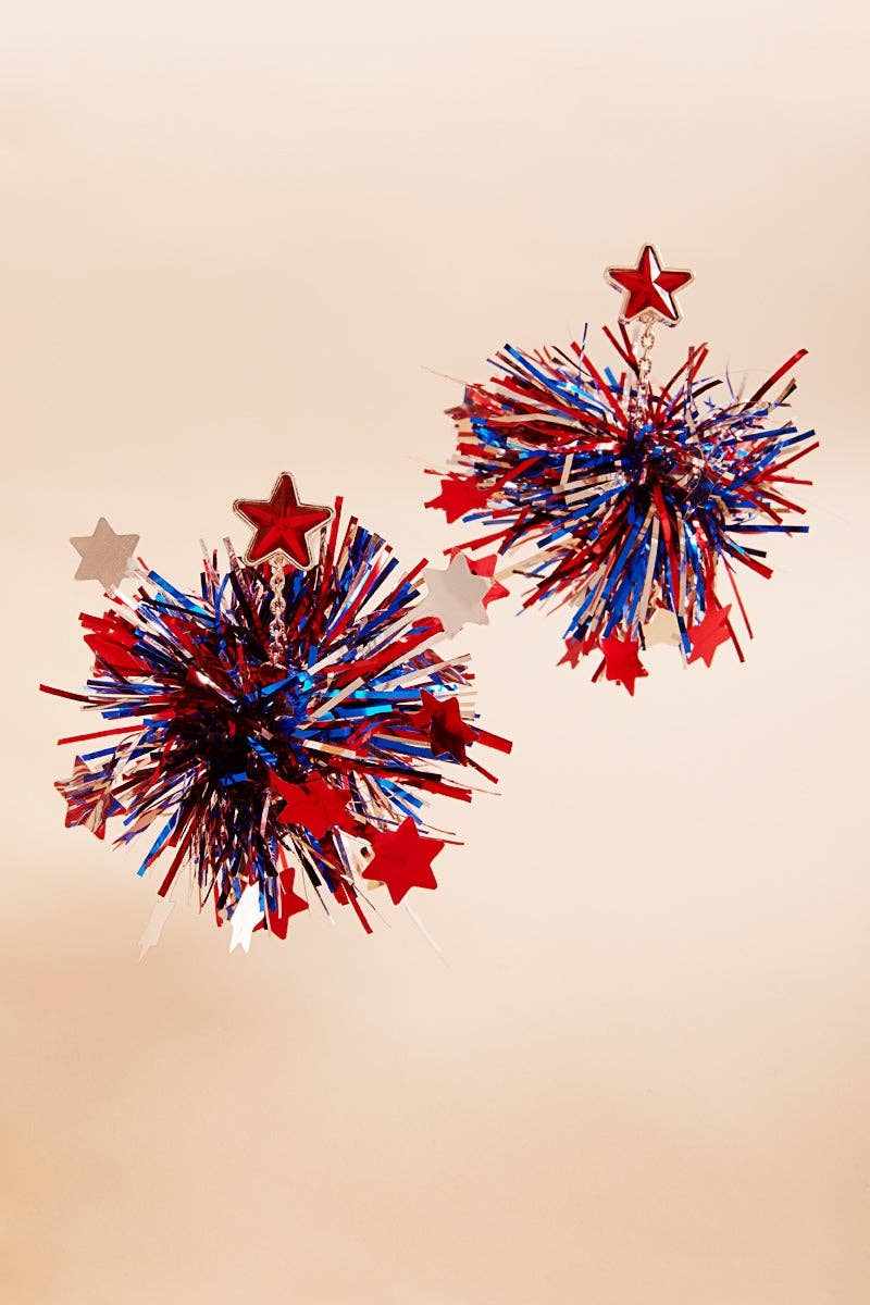 Star Stone American Flag Color Pompom Post Earrings