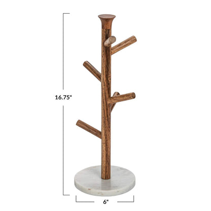 MANGO WOOD & MARBLE MUG RACK, NATURAL & WHITE