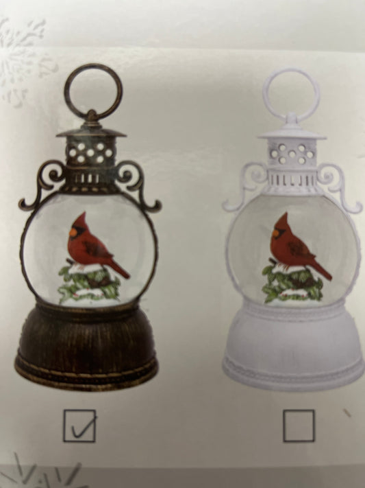 9.375" CARDINAL ON HOLLY & PINE GLITTER LANTERN - ASSORTED