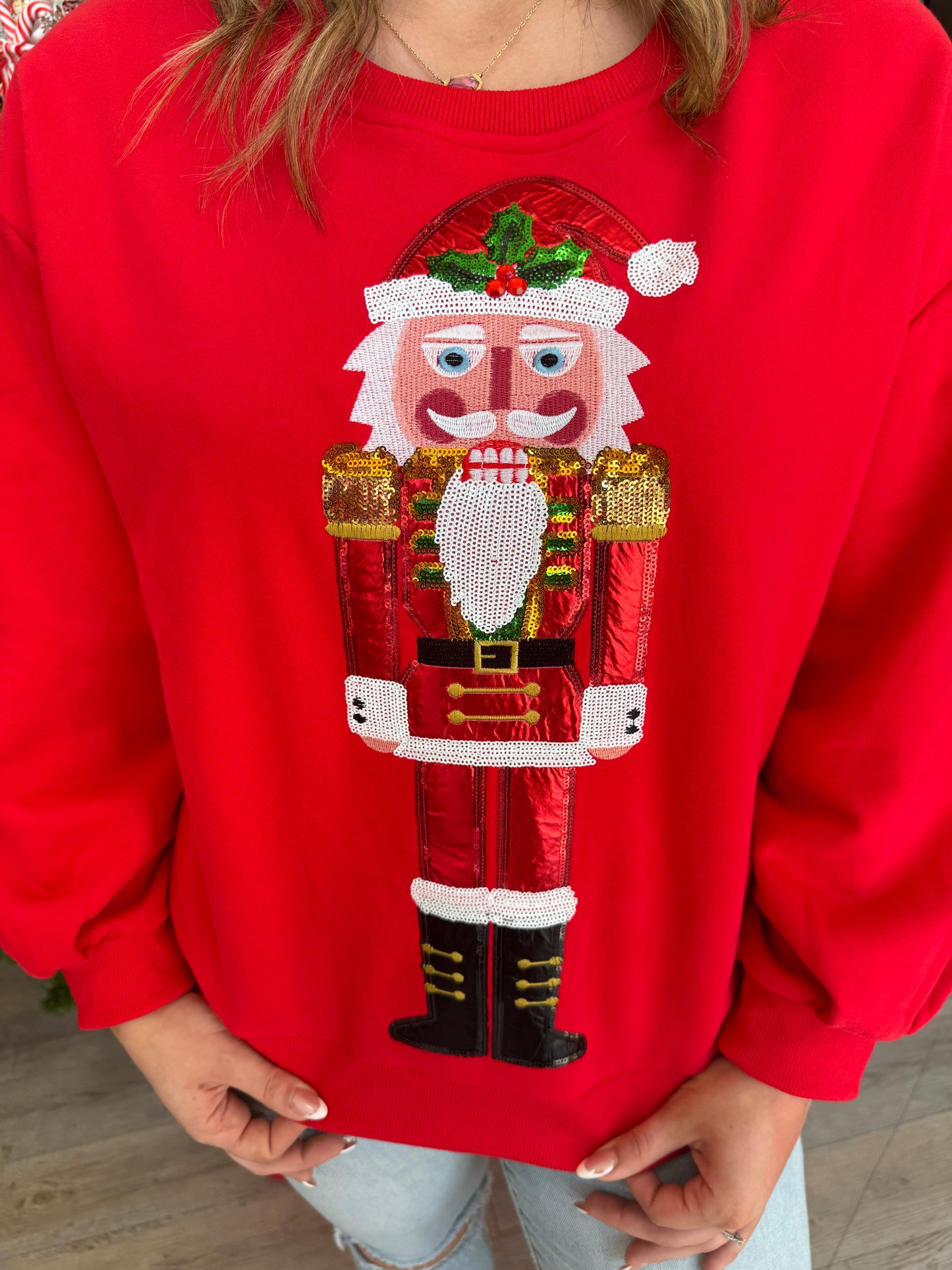 RED METALLIC SANTA NUTCRACKER SWEATSHIRT