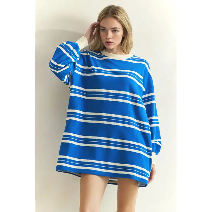 COASTAL BREEZE STRIPE SWEATSHIRT DRESS - BLUE