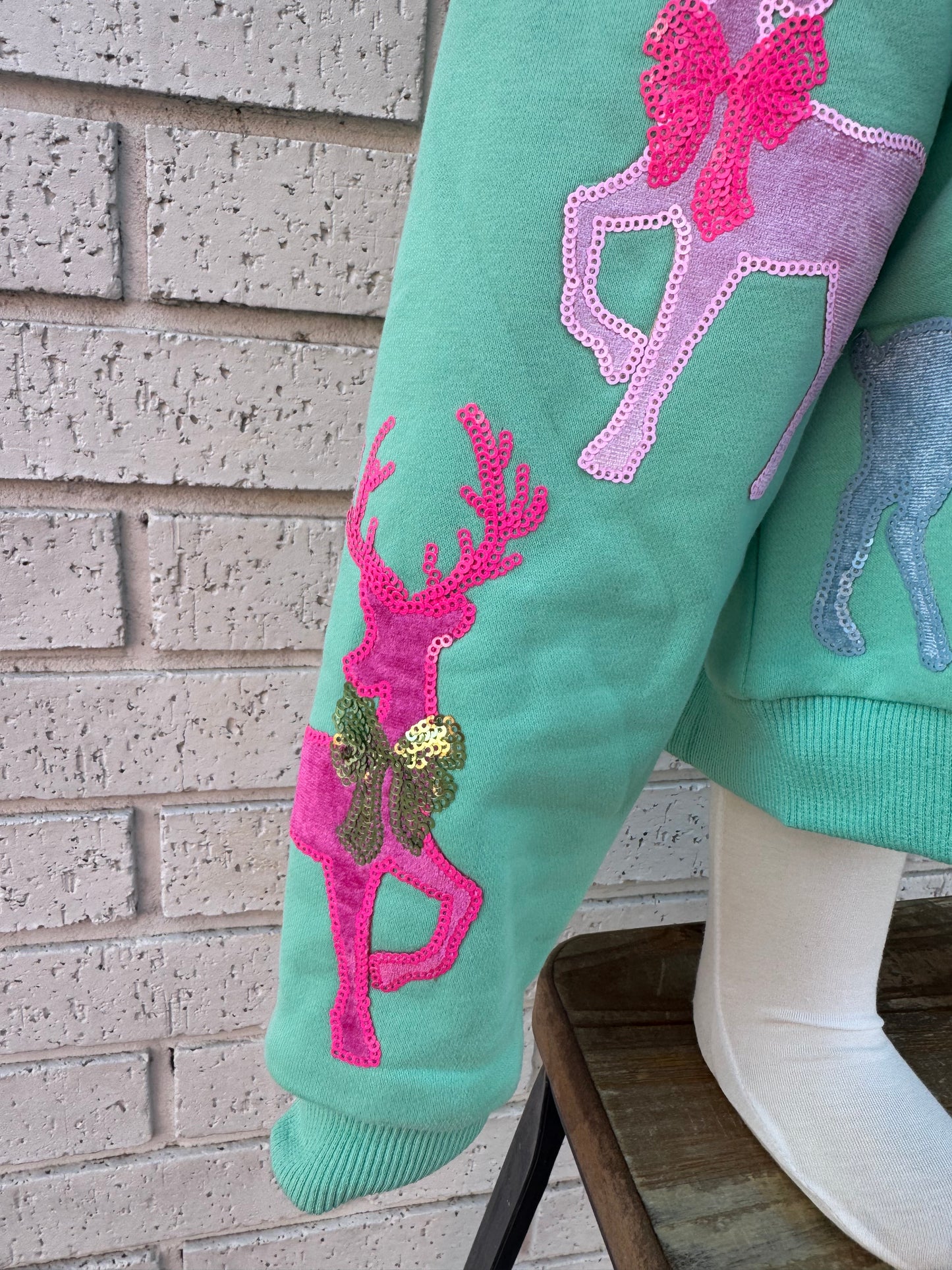 Youth Mint Green Sweatshirt with Velvet Reindeers & Bows