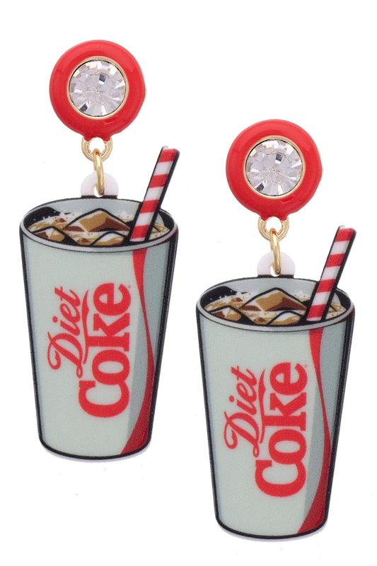 RHINESTONE RESIN DIET COKE EARRINGS - RED/GREY