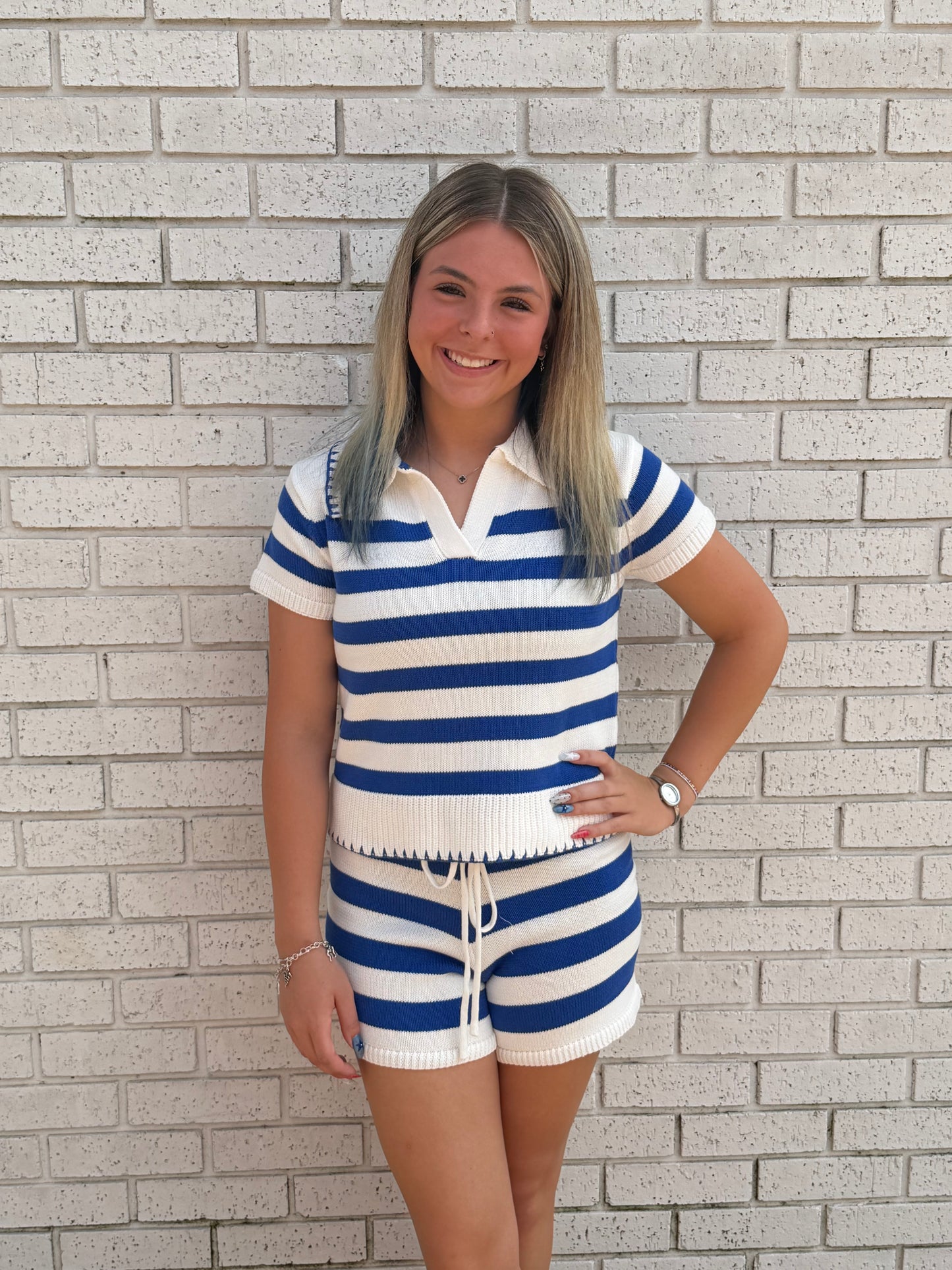 STRIPED KNIT TOP AND SHORTS WITH BLANKET STITCH 2 PC. SET - BLUE/WHITE