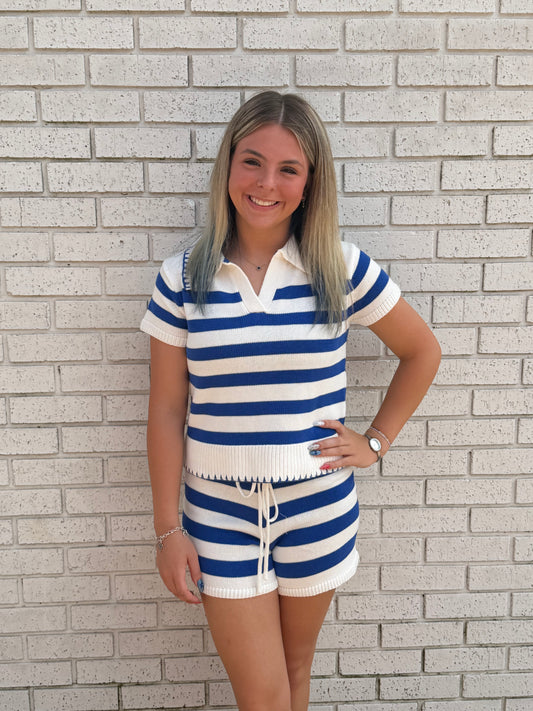 STRIPED KNIT TOP AND SHORTS WITH BLANKET STITCH 2 PC. SET - BLUE/WHITE
